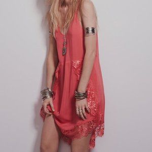 Free People Coral Lace-Trim Slip Dress